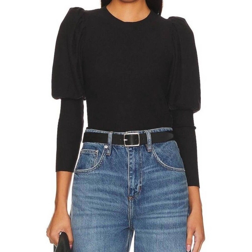 Nation LTD Zia Sweater Tee Rib Knit Puff Sleeve Top Jet Black Crewneck Blouse S